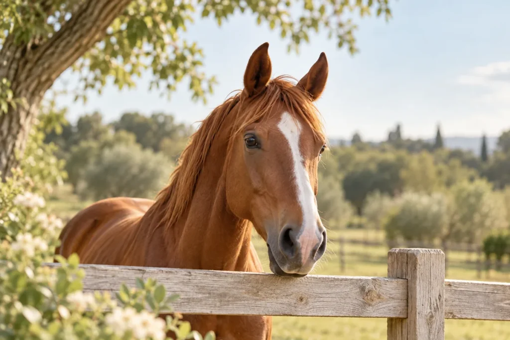 Neugieriges Pferd am hellen Koppelzaun