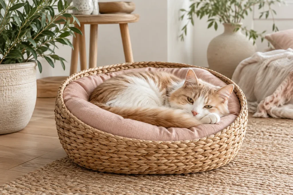 Katze ruht in einem geflochtenen Körbchen