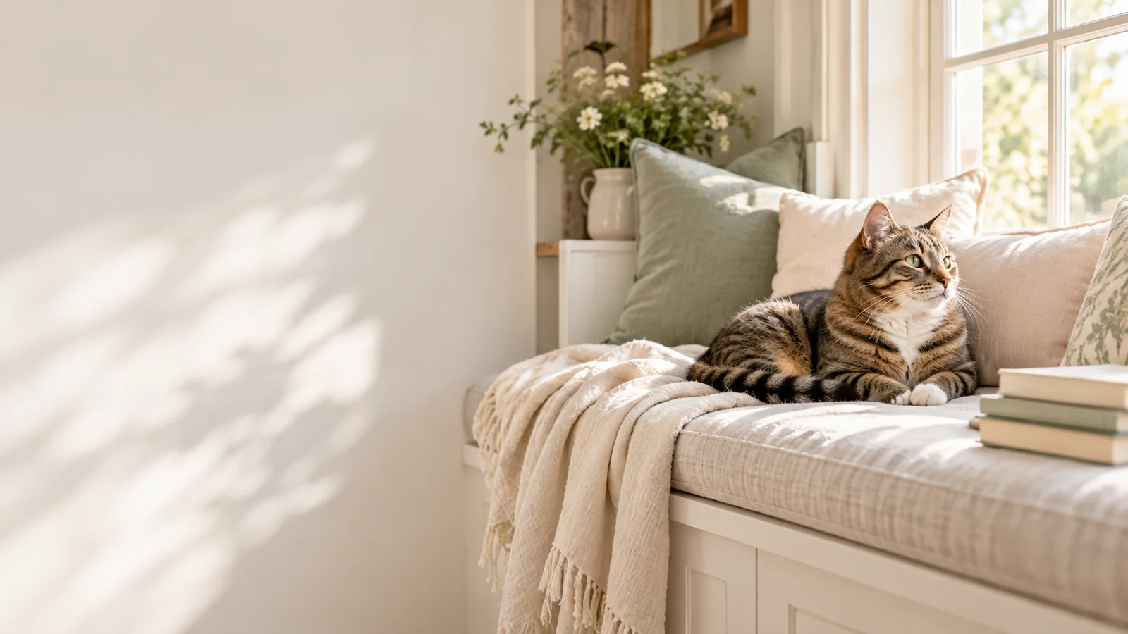 Entspannte getigerte Katze auf einem gemütlichen Platz am Fenster