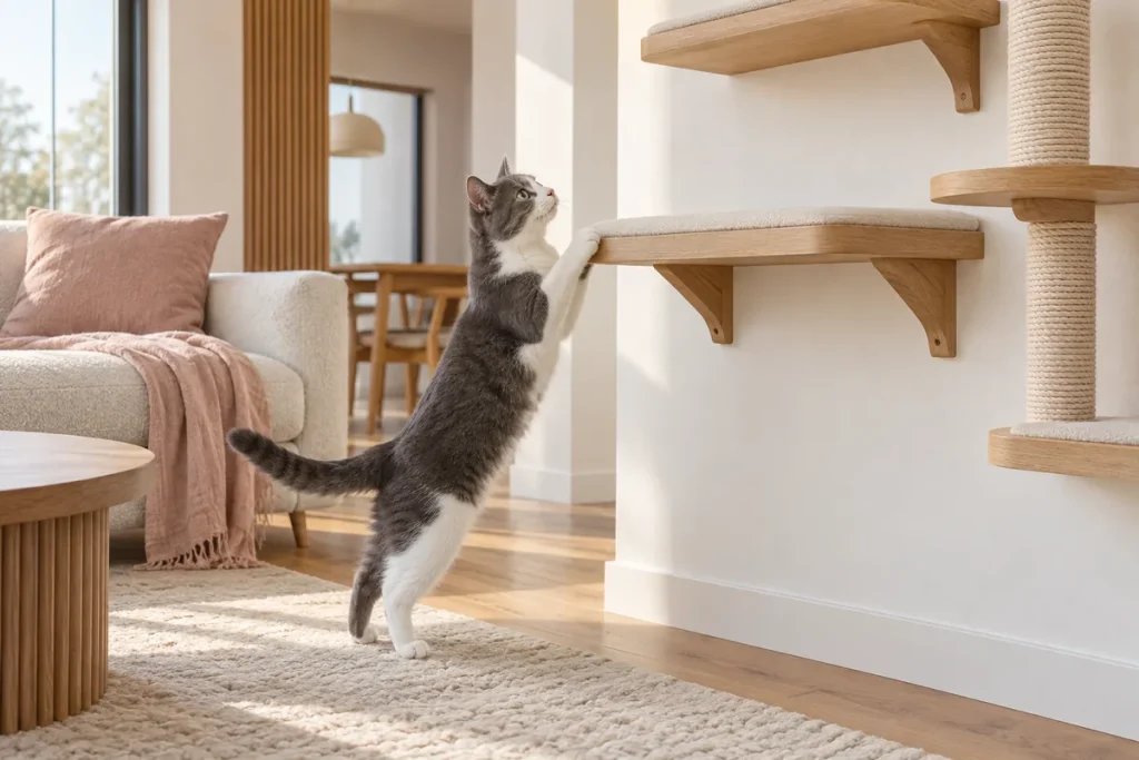 Katze erkundet eine Kletterfläche in einem hellen Zuhause