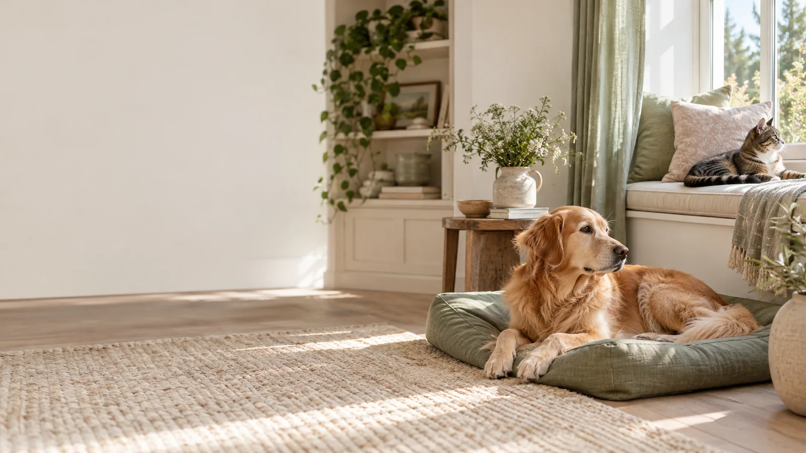 Hund und Katze an ihren eigenen Lieblingsplätzen in einem hellen Zuhause