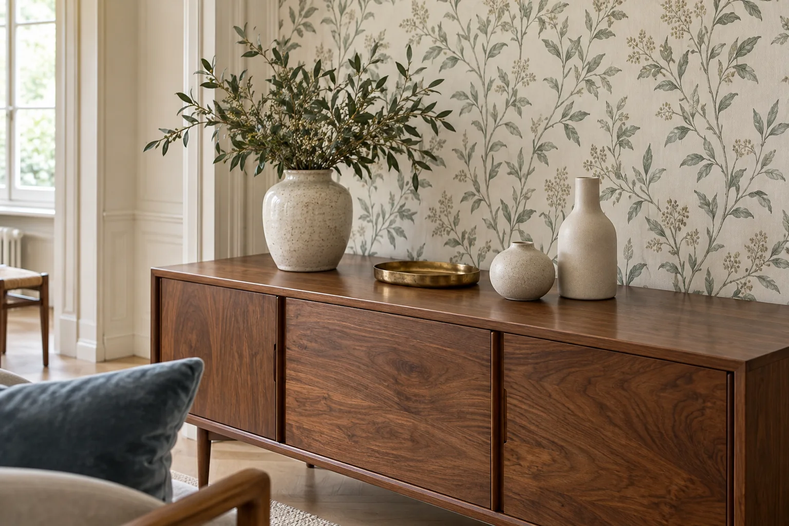 Vintage-Sideboard vor einer botanischen Mustertapete neben einem blauen Samtsessel