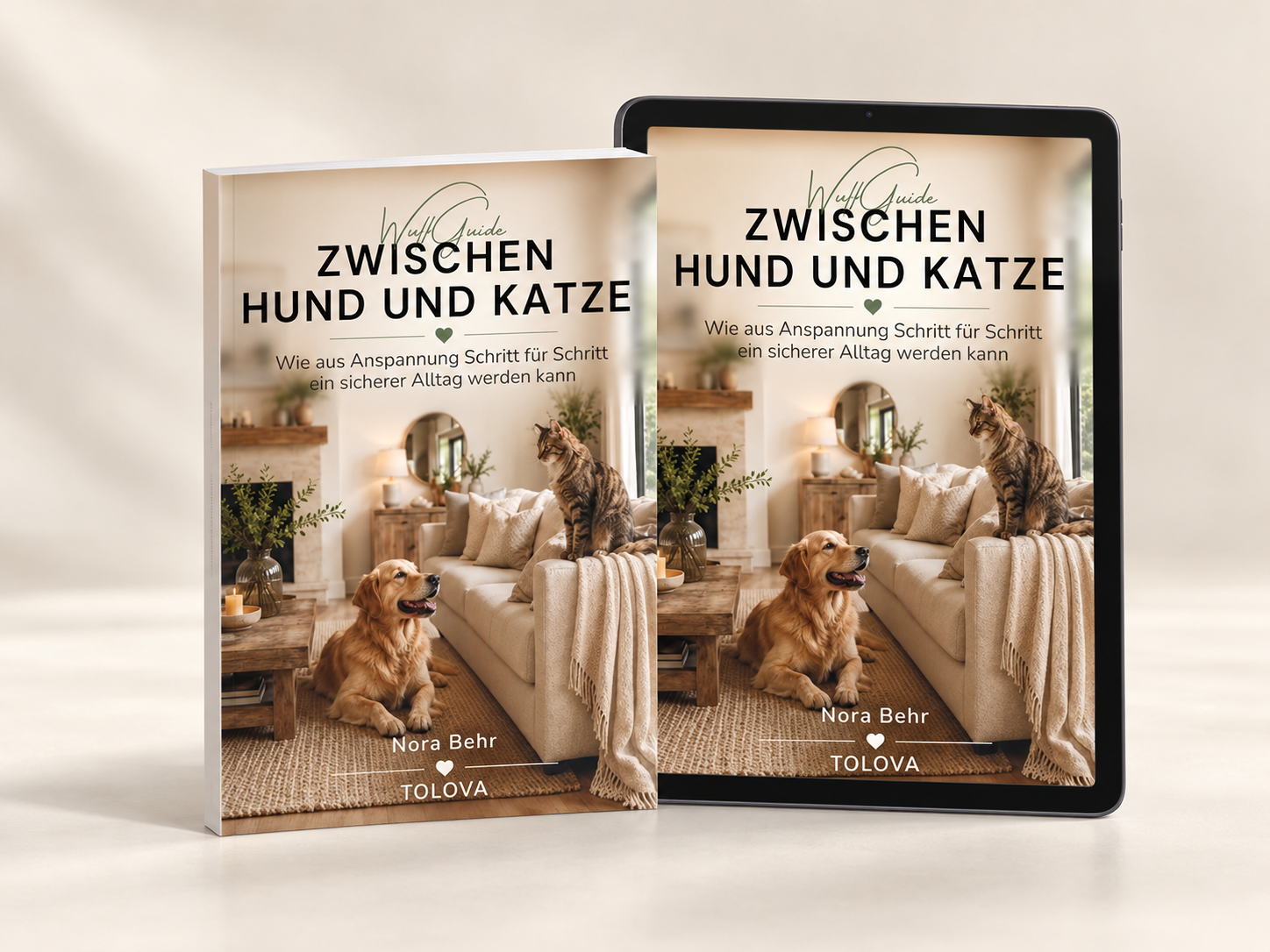 Zwischen Hund und Katze als Taschenbuch und E-Book auf einem Tablet – KI-Mockup